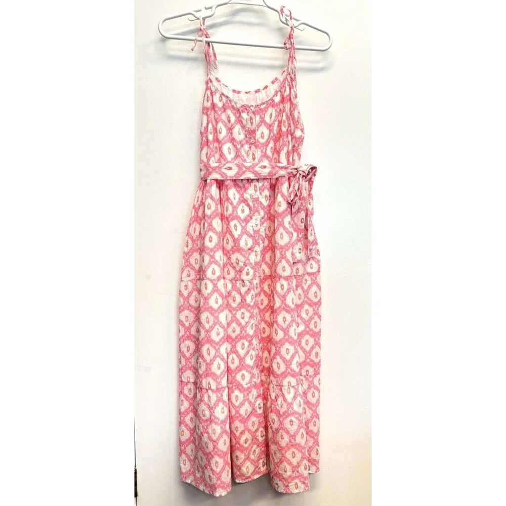 Marea Belted Siesta Maxi Dress Pink Ikat Print Bohemian Peasant Coquette Sz M